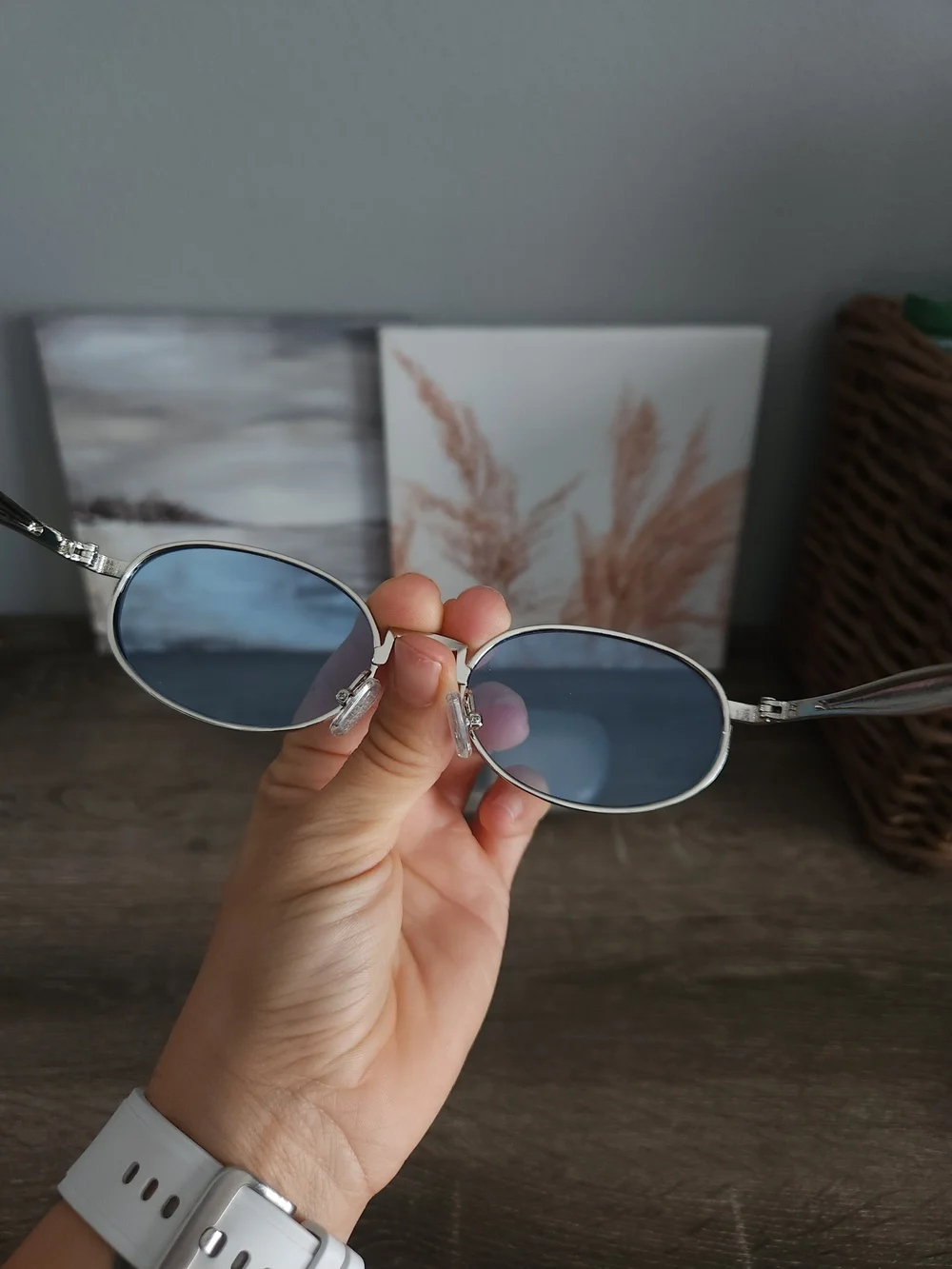 Oval Blue Lens Sunglasses with Silver Frame